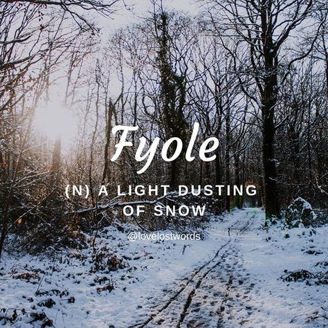 Language: Old English⠀⠀⠀⠀⠀⠀⠀⠀⠀ Forms: noun⠀⠀⠀⠀⠀⠀⠀⠀⠀ Phonetic pronunciation: [fee-oh-le]⠀⠀⠀⠀⠀⠀⠀⠀⠀ ⠀⠀⠀⠀⠀⠀⠀⠀⠀ A “fyole” is a light covering of snow; the kind that makes the world look like it’s been dusted with soft, powdered sugar. 🌨⠀⠀⠀⠀⠀⠀⠀⠀⠀ ⠀⠀⠀⠀⠀⠀⠀⠀⠀ As we wander through these winter months (up here in the Northern Hemisphere, anyway), we’ll be waking up to a lot of “fyoley” mornings - cold and calm, framed in crystals of snow. ⠀⠀⠀⠀⠀⠀⠀⠀⠀ ⠀⠀⠀⠀⠀⠀⠀⠀⠀ #fyole #snow #ice #winter #snowing #uksnow #sno Winter Words Aesthetic, Names Meaning Snow, Wisp Aesthetic, Ice Names, Snow Aesthetic, Winter Writing, Winter Words, Unique Words Definitions, Bullet Journal Mood Tracker Ideas