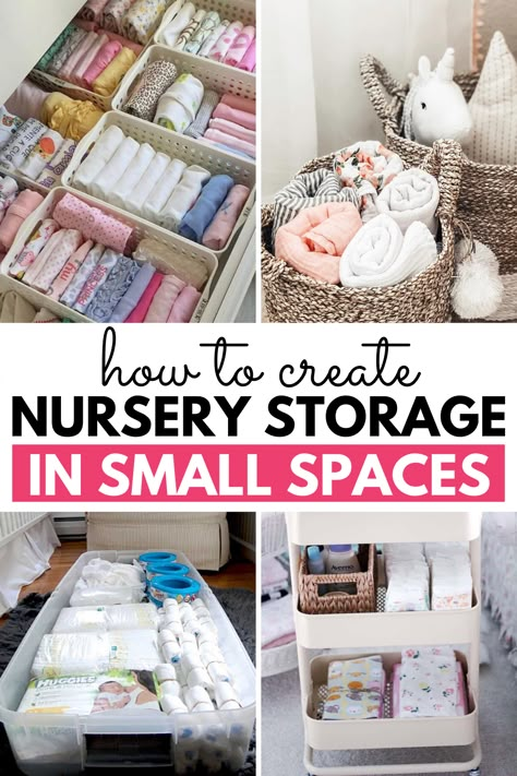 Are you working with a small space for baby's nursery? These nursery storage ideas for small spaces will help you find a place for all of baby's items. This list covers nursery storage tips that are simple and space saving, including nursery dresser organization using dividers, nursery baskets, hidden storage ideas, baby closet storage, nursery storage and organization using rolling carts, shelves, wire baskets and more. #nursery Organize Baby Stuff, Small Space Baby, Nursery Dresser Organization, Organization Nursery, Shoes Organization, Baby Room Storage, Small Space Nursery, Baby Nursery Storage, Baby Closet Organization