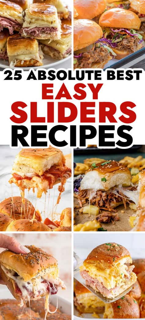 Easy Slider Recipes – These fluffy, flavorful and easy to make sliders are going to become your new favorite addition to any party, special occasion and whenever you want something comforting! Chicken sliders, pulled pork sliders, easy sliders, beef sliders, buffalo chicken sliders, cheese sliders, ham and cheese sliders. Sliders For Lunch, Easy Food For Large Crowd, Sandwich Slider Recipes, Pull Apart Recipes Meals, Ky Hot Brown Sliders, Sliders For Parties, Best Slider Sandwiches, Mini Turkey Sliders, Pioneer Woman Chicken Sliders