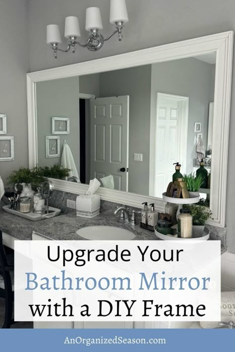 Farmhouse Bathroom Curtain Ideas, Builder Grade Bathroom Mirror, Update Bathroom Mirror, Mirror Makeover Diy, Diy Mirror Frame Bathroom, Diy Makeover Ideas, Builder Grade Bathroom, Diy Bathroom Mirror, Mirror Upgrade