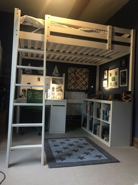 IKEA Stora Loft Bed Frame White Stain With Original Double Mattress • 82£ Bed Frame For Small Bedroom, Lofted Double Bed, Ikea High Bed, Ikea Storå Loft Bed Ideas, Ikea Stora Loft Bed Ideas, Small Room With Double Bed, High Bed Ideas Small Room, Double Loft Bed Ideas, Ikea Stora Bed