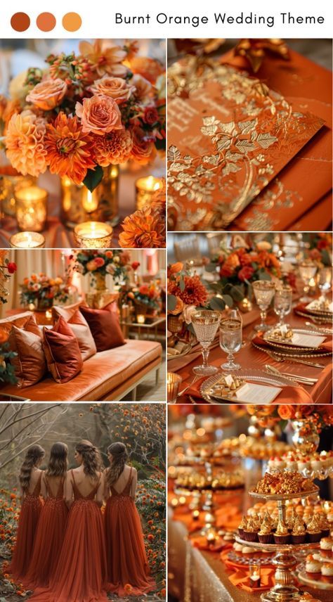 Red Orange Gold Wedding, Unique Colors For Wedding, Wedding Color Orange, Red Orange Gold Color Palette, Dusty Blue And Burnt Orange Wedding Color Schemes, Island Wedding Colors, Burnt Orange And Tan Wedding, November Wedding Theme, Terracotta Wedding Color Palette