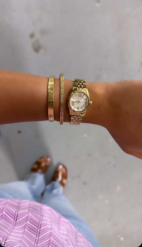 Bracelet Pictures For Instagram, Wrist Jewelry Stack, Gold Watch Bracelet Stack, Gold Wrist Stack, Gold Bracelet Stack With Watch, Gold Stack Bracelets, Every Day Jewelry, Gold Jewellery Stack, Watch Stacked With Bracelets