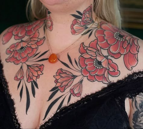 Marigold Chest Tattoo, Color Collar Bone Tattoo, Neo Traditional Sternum Tattoo, Neo Trad Chest Tattoo, Neck Chest Tattoos Women, Peony Neotraditional Tattoo, American Traditional Chest Tattoo Women, Peony Chest Tattoo, Traditional Tattoos Chest