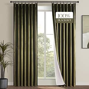 Topfinel Olive Green Velvet Blackout Curtains 84 Inches Long, 100% Blackout Pinch Pleated Dark Green Boho Thermal Insulated Back Tab Curtains for Living Room Bedroom, Retro Drapes with Hooks Rings Brown Velvet Curtains, Brown Curtains, Drapes For Bedroom, Pocket Window, Decorative Curtains, Decor Curtains, Insulated Curtains, Drape Panel, Curtains For Bedroom