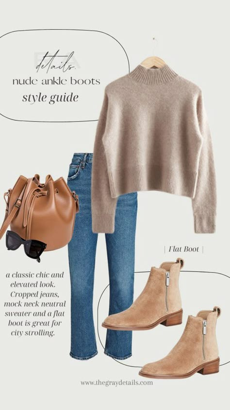 Taupe Ankle Boots Outfit Winter, Frayed Jeans With Ankle Boots, 2023 Ankle Boots, Neutral Ankle Boots Outfit, Outfits With Taupe Ankle Boots, Short Brown Boots Outfit Winter, Tan Suede Ankle Boots Outfit, Ankle Bootcut Jeans Outfit, Tan Ankle Boots Outfit Winter