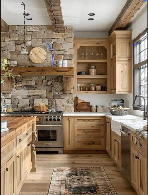 Rustic Kitchen Design, Farmhouse Kitchen Design, Dream House Interior, Cottage Kitchen, Dream House Decor, Beautiful Kitchens, Barndominium, Rustic Kitchen, Stone Wall