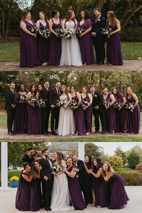 Purple Wedding Theme & Aesthetic | Wedding Party Photos | PA Wedding Photographer | Nina & Lee had such a fun, big Jewish wedding in Pennsylvania. See more wedding party photos, purple wedding aesthetic, plum bridesmaid dress inspo and wedding party bouquets. Book Katarina for your intimate wedding day in Pennsylvania at katarinacelinephotography.com Plum Maid Of Honor Dress, Plum Purple Wedding Theme, Plum Bridal Party, Dark Purple And Silver Wedding, Winter Wedding With Purple, Dark Purple Wedding Palette, Deep Plum Wedding Colors, Purple October Wedding, Dark Purple And Navy Wedding