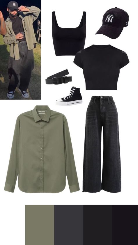 BTS Jongkook inspired outfit for women 
Black cropped top with wide leg jeans 
High top sneakers in black 
Black cap 
Military green button down shirt as a jacket 
Black belt with black buckle Suga Outfit Ideas, Suga That That Outfit, Jungkook Clothes Aesthetic, How To Dress Like Jungkook, Jungkook Cargo Pants Outfit, Jimin Outfit Ideas, Jimin Clothes Style, Estilo Do Jungkook, Rm Style Outfit