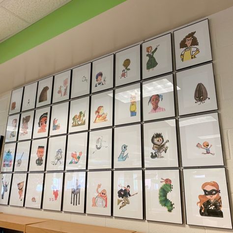 All Characters Welcome Library, Book Character Display, The Book Wrangler, School Library Shelf Decor, Elementary School Library Decorating Ideas, School Library Design Interior, Elementary School Library Design, Book Themed Classroom, School Library Decorating Ideas