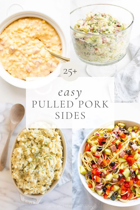 Pulled Pork Sides | Julie Blanner Fast Easy Side Dishes, Pulled Pork Sandwich Sides, Pork Sandwich Sides, Sides For Pulled Pork, Pulled Pork Side Dishes, Pulled Pork Sides, Brisket Side Dishes, Pulled Pork Salad, Pulled Pork Dinner