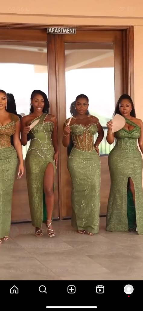 Light Green Asoebi, African Green Dress, Sunday Wedding Thanksgiving Dress Ghana, Olive Green Bridesmaid Dress Black Women, Nigerian Wedding Aesthetic, Bridesmaid Kente Styles, Liputa Dress Styles, Purple African Wedding Dress, Bridesmaids Dresses Black Women