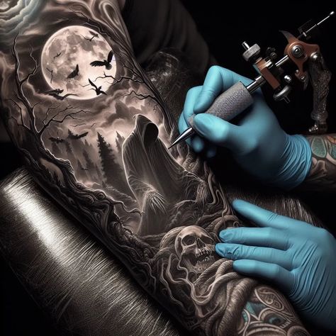 I will create attractive realism and sleeve tattoo designs 3d Realism Tattoo, Horro Tattoos Sleeve, Creepy Arm Sleeve Tattoo, Halloween Sleeve Tattoo Men, Scary Leg Sleeve Tattoo, Dark Half Sleeve Tattoo, Halloween Tattoos Men, Dark Arm Sleeve Tattoo, Cool Tattoo Sleeve Men