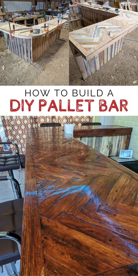 This DIY Pallet Bar adds a unique, custom space in your home for parties, get-togethers, and more. Learn how to build this pallet wood project with a beautiful herringbone-patterned bar top in this step-by-step tutorial. Bar Cafe Ideas, Wood Pallet Bar Diy, Pallet High Top Table, Diy Garage Bar Plans, Diy Bar Makeover, How To Build A Home Bar, Outdoor Bar Top Ideas Diy, Bar Top Table Ideas, Diy Bar Top Table