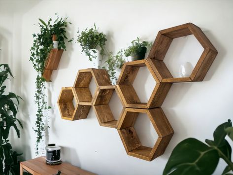 Long Wood Box, Shelves Wall Decor, Shelves Plant, French Boho, Geometric Wall Paint, Wood Hexagon, Honeycomb Shelves, Geometric Shelves, Hexagon Shelves