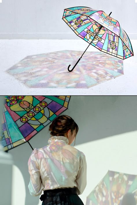 A large see-through umbrella from Japan with a beautiful stained glass pattern that allows colorful light to shine through, but not the rain. Interesting Gadgets, Diy Moss, Stained Glass Pattern, Umbrellas Parasols, Glass Pattern, Cute Room Decor, Stained Glass Patterns, Stained Glass Art, Bath Mats