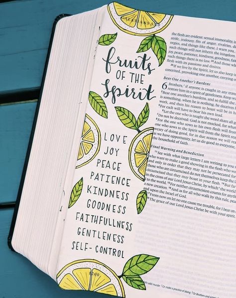 Bible Decor, Love Joy Peace Patience Kindness, Bible Drawing, Christian Activities, Fruits Of The Spirit, Bible Journaling Ideas Drawings, Bible Doodling, Bible Journal Notes, Lemon Lemonade