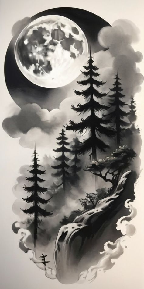 Forest Background Tattoo, Black Forest Tattoo Design, Design Tattoo Black And Grey, Forest Tattoo Sketch, Moon Nature Tattoo, Forest Trees Tattoo, Tree Forest Tattoo, Mountain Trees Tattoo, Moon Mountain Tattoo