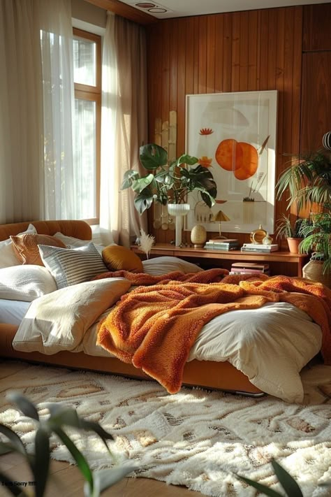 Small Bedroom Designs Cozy, Pine Interior, 70s Interior, Warm Bedroom, Sophisticated Art, Mid Century Modern Bedroom, Casa Vintage, Eclectic Bedroom, Architecture 3d