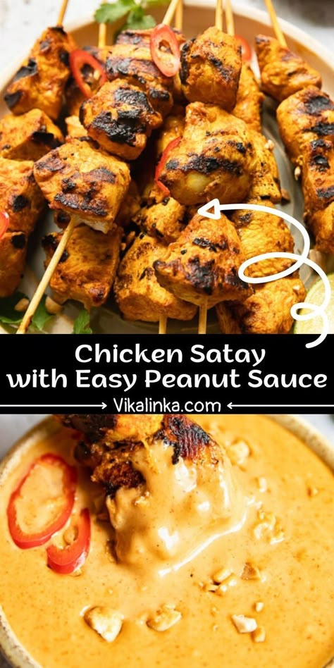 The success of this chicken satay recipe comes from a delicious marinade and an easy peanut sauce, which could be made in 5 minutes! Chicken Satay Marinade, Asian Marinade For Chicken, Satay Sauce Recipe, Chicken Satay With Peanut Sauce, Peanut Sauce Chicken, Peanut Satay Sauce, Chicken Satay Recipe, Easy Peanut Sauce, Satay Recipe