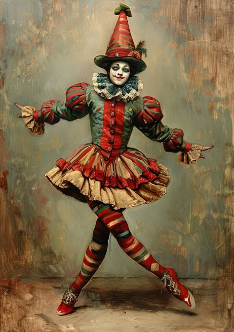 Jester Pose Reference, 1930s Clown, Vintage Clown Aesthetic, 1920s Circus, Circus Dancer, Victorian Clown, Vintage Circus Performers, Vintage Jester, Harlequin Costume