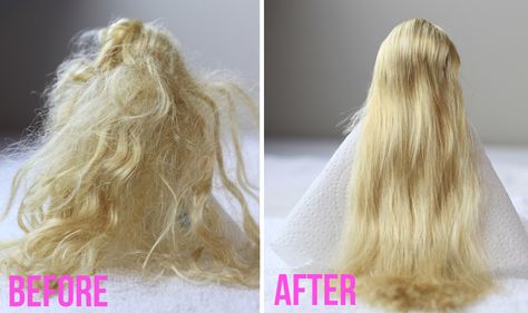 Lil Blue Boo Doll hair detangle tutorial before and after via lilblueboo.com  This is for Barbie, but Downy dunk is used on many AGs. I don't like all the residue it leaves but this suggests a way to get rid of that! Doll Hair Detangler, Tangled Doll, Doll Hair Repair, Fix Doll Hair, Baby Doll Hair, Hair Fixing, Tangled Hair, Barbie Hair, Hair Detangler