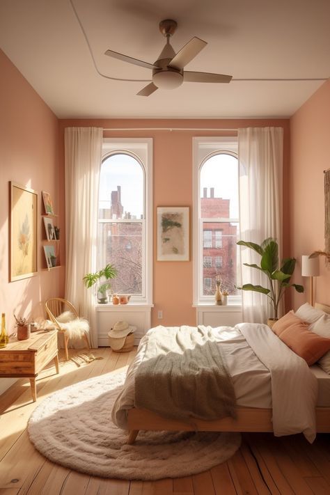 100+ Gorgeous Pastel Colored Rooms to Inspire your Decor - Days Inspired Peach Color Bedroom Ideas Wall, Bedroom With Peach Walls, Salmon Room Bedrooms, Muted Colour Bedroom, Ochre And Pink Colour Palette, Sunset Wall Color, Interior Pastel Colors, Light Peach Room, Vintage Room Color Schemes