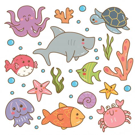 Premium Vector | Set of sea animal kawaii set Emoticon Cute, Hp Icons, Doodles Kawaii, Dinosaur Room Decor, Cartoon Sea Animals, Animal Doodles, Water Animals, Animal Activities, Sea Animal