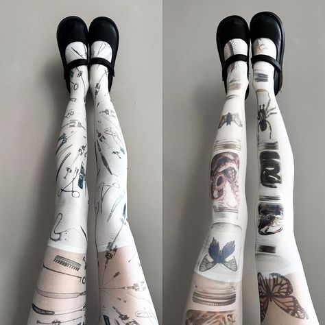 Printed Tights Outfit, Girly Closet, Heart Valve, Funky Tights, Horror Protagonist, Thrift Ideas, Tights Outfits, Fabric Clothes, Social Experiment