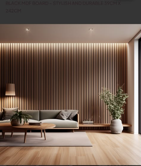 Japandi Wall Panel Design, Scandinavian Feature Wall, Study Lounge Room Ideas, Wood Slats Living Room, Ceiling Panels Ideas Living Room, Wood Panel Media Wall, Drawing Room Wall Panelling, Acoustic Panels Living Room, Timber Living Room