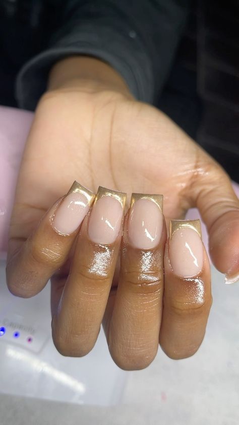 JANEINAILS 🤍’s Instagram profile post: “Gold Tips ✨✨ @janeinails MAY SLOTS ARE AVAILABLE LINK IN MY BIO TO BOOK 💕 #goldnails #frenchtipnails #londonnails #glamnails #shortnails…” French Tip With Gold Glitter, Gold Sns Nails, Gold French Tip Nails Square, Gold Acrylics Short, Gold French Tips Nails, French Tip Gold, French Tip With Gold Design, Gold Chrome French Tip Nails Square, Short French Nail Designs