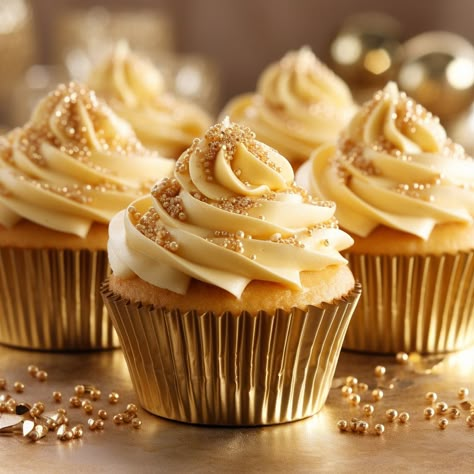 Cupcake Ideas Aesthetic, Aesthetic Birthday Cupcakes, Gold Cupcakes Ideas, Gold Foods For Party, Cupcakes With Gold Sprinkles, Gold Party Aesthetic, 60th Cupcakes, Nye Cupcakes, Gold Wedding Cupcakes