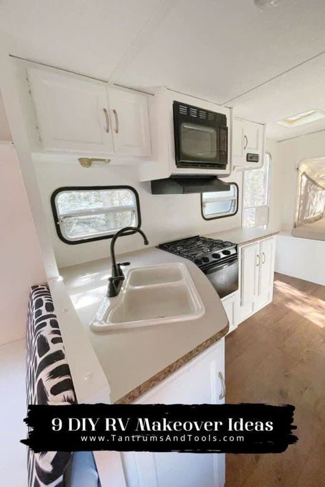 DIY Painted Camper Cabinets // RV Budget Kitchen Updates // White Cabinets Camper Wallpaper, Kitchen Sink Diy, Paint Rv, Off White Paint Colors, Camper Kitchen, Best White Paint, Rv Makeover, Staining Cabinets, Diy Rv