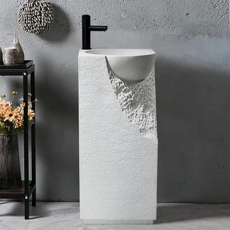 Weibath 34" Pedestal Sink Japandi Tall Stone Resin Freestanding Sink with Rounded Basin in White (White) - Amazon.com Rustic Bathroom Remodel, Pedestal Sink Bathroom, Stone Bathroom Sink, Unique Sinks, Floating Sink, Pedestal Bathroom Sink, Japandi Interior Design, Turkish Tiles, Stone Bathroom