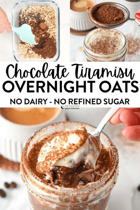 This Tiramisu Overnight Oats is a creamy chocolate overnight night with a touch of coffee and yogurt vanilla cream layers. It taste like your favorite Tiramisu dessert but much healthier, full of fiber and plant-based proteins from oats. Chocolate Coffee Overnight Oats, Mad About Food, Overnight Oat Tiramisu, Oats Protein Recipes, Over Night Oats Without Yogurt, Desert Overnight Oats, Chocolate Cheesecake Overnight Oats, Pumpkin Chocolate Overnight Oats, Vegan Tiramisu Overnight Oats