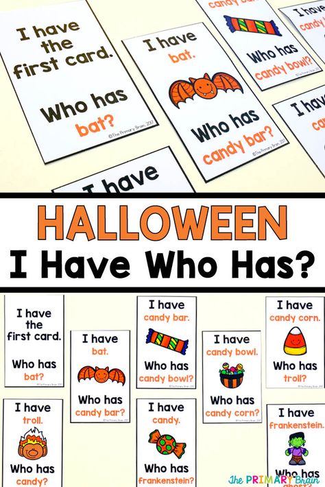 FREE Halloween I Have Who Has Game Cards for Kindergarten, First, and Second Grade. Includes Halloween Images to help your students read words. Read more on my blog theprimarybrain.com #halloween #phonics #literacy #firstgrade #secondgrade #games Halloween Kindergarten Reading Activities, Halloween Reading Games, Halloween Cvc Word Activities, Halloween Class Games First Grade, Halloween Sight Word Games, Halloween Phonics, Halloween Word Work First Grade, Halloween Reading Activity, Halloween Literacy Activities