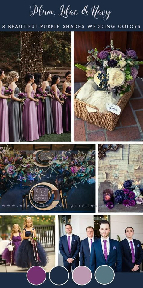 plum, lilac and navy blue fall wedding colors #weddingcolors #ElegantWeddingInvites Purple And Blue Wedding, Blue Fall Wedding, Navy Flower Girl, Plum Wedding, Purple Wedding Theme, Wedding Colors Purple, Wedding Color Palettes, Lilac Wedding, Wedding Colors Blue