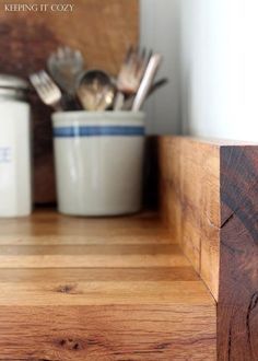 Keeping It Cozy: All About Butcher Block Countertops. GREAT blog post about Oak Butcher Block and it care! Countertops Edges, Butcher Block Backsplash, Diy Butcher Block, Replacing Kitchen Countertops, Diy Kitchen Countertops, Beadboard Backsplash, Butcher Block Counter, Butcher Blocks, Coconut Oil Uses