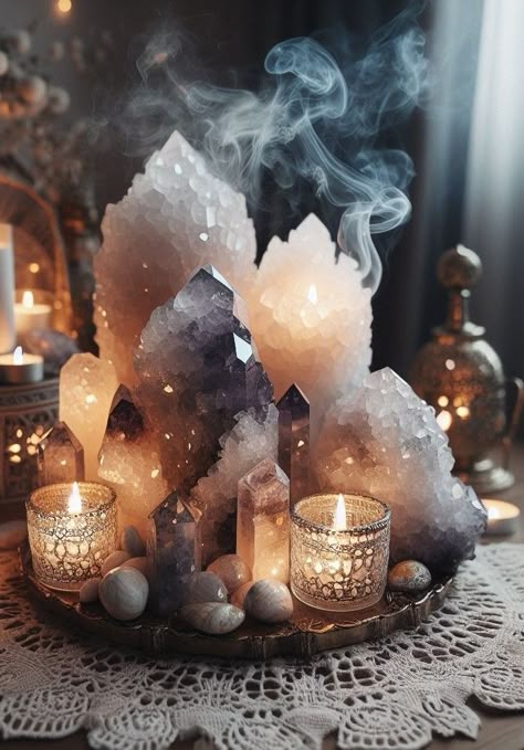 Rock Witch Aesthetic, Witchy Beauty Room, Healing Stones Aesthetic, Mineral Stone Decor, Crystal Aethstetic, Witchy Space Aesthetic, Bright Witchy Aesthetic, Spiritual Candles Aesthetic, Witchy Candle Aesthetic