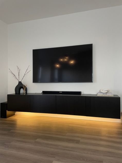 Diy Tv Stand With Led Lights, Aesthetic Tv Cabinet, Floating Tv Shelf With Led Lights, Floating Tv Cabinet Living Room, Tv Stand Lighting Ideas, Sleek Tv Cabinet, Floating Cabinet Living Room, Bedroom Console Table Under Tv, Media Consoles Living Room