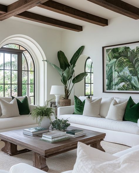 Green And White Aesthetic Living Room, Home Decor Ideas Living Room Green, Emerald And White Living Room, Miami Living Room Inspiration, Black White Beige Green Living Room, White And Dark Green Living Room, Green Accent Home, White And Green Living Room Ideas, Black White And Olive Green Living Room Decor