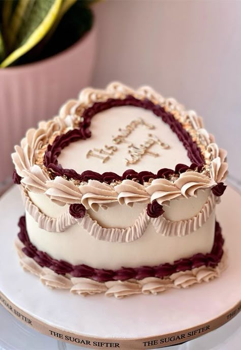 Burgundy Birthday Cake For Women, Brown Heart Shaped Cake, Fall Design Cakes, Fancy Heart Cake, Heart Themed Cake, Two Tier Vintage Heart Cake, Chocolate Heart Cake Birthday, Chocolate Lambeth Cake, Heart Shape Vintage Cake