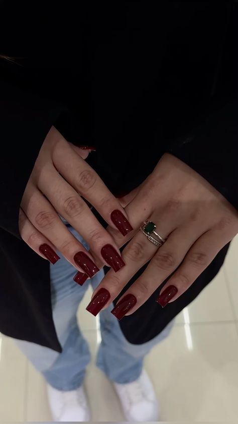 Short Coffin Acrylic Nails Designs Winter Simple, Animal Print Red Nails, Birthday Nail Square, Autumn Nails Red Wine, Square January Nails, Dark Red Nails Ballerina, Red Basic Nails, Coffin Dark Red Nails, Cherry Red Square Nails