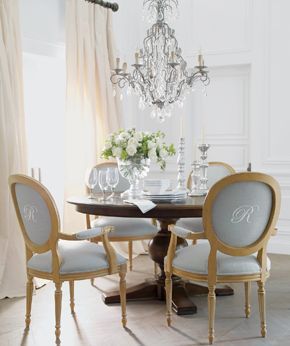 ethan allen.  Love monograms but do chairs in SUNBRELLA ( for ease of cleaning).  Taking Monogramming to next level Clasic Dinning Room Ideas, Beauty And The Beast Themed Dining Room, Beauty And The Beast Dining Room, Ethan Allen Dining Tables, Ethan Allen Trestle Dining Table, Breakfast Setting, Dream Breakfast, Elegant Breakfast, Traditional Dining Set