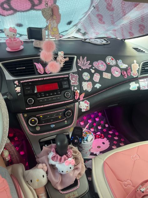 Kawaii Car Interior Ideas, Pink Interior Car Aesthetic, Pink Decorated Car Interior, Cute Pink Car Interior, Nissan Interior Decor, Car Decorations Interior Hello Kitty, Girly Interior Car, Cute Car Accessories Pink, Girly Truck Interior