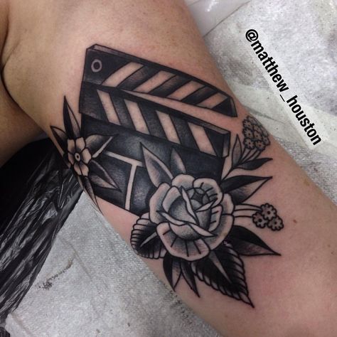 Rose Traditional Tattoo, Camera Tattoo Design, Black Movies, Clapper Board, Camera Tattoos, Tattoo Music, Mouse Tattoos, Movie Tattoos, Tattoos For Lovers