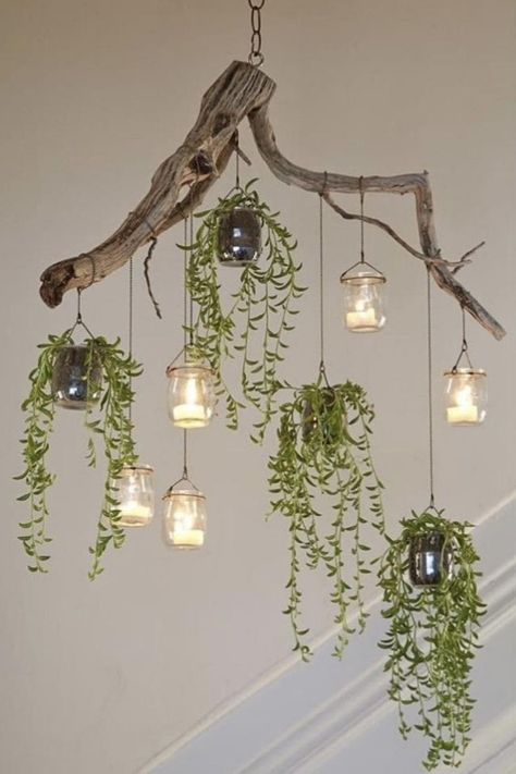 Natural and Ethereal Chandelier Candle Chandelier Diy, Plants And Candles, Driftwood Chandelier, Easy Home Decor Ideas, Chandelier Ideas, Branch Chandelier, Driftwood Branch, Diy Chandelier, Driftwood Crafts