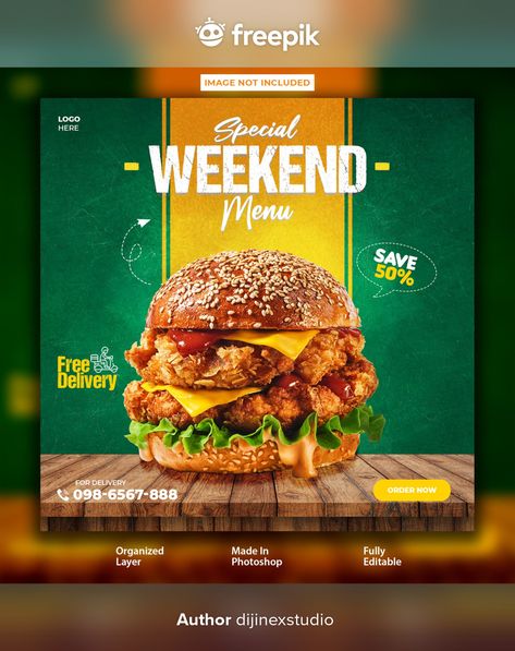 Burger Instagram, Instagram Post Design, Food Burger, Food Promotion, Breakfast Burger, Flyers Design, Social Media Branding Design, Food Template, Food Banner