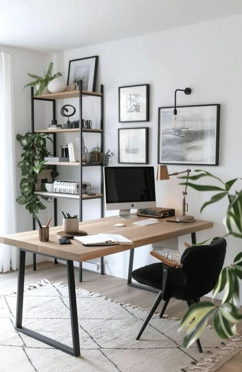 Small Office Black Desk, Light Grey Office Walls, Home Office For Architect, Neutral Tone Office Space, Office Decor White Walls, Fashion Home Office, Guys Office Ideas, Work At Home Desk Ideas, Shared Office Decor