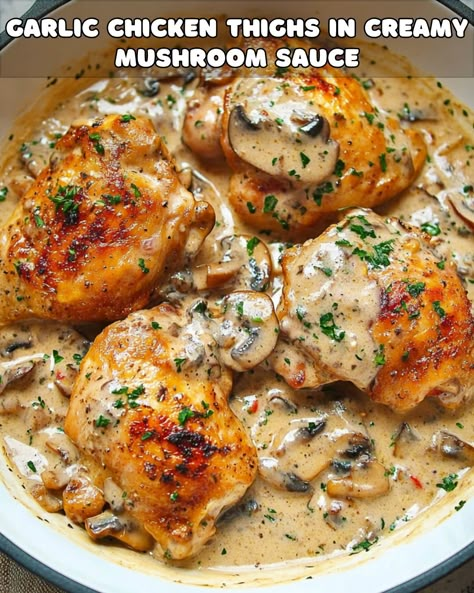 Garlic Chicken Thighs in Creamy Mushroom Sauce – Foodyhealthylife Best Boneless Chicken Thigh Recipes Ever, Healthy Creamy Mushroom Chicken, Creamy Garlic Chicken Thigh Recipes, Low Carb Bone In Chicken Thigh Recipes, Chicken Thigh Lunch Recipes, Fitness Chicken Recipes, Chicken Thighs Mushrooms Crockpot, Bariatric Chicken Thigh Recipes, Creamy Mushroom Chicken Thighs